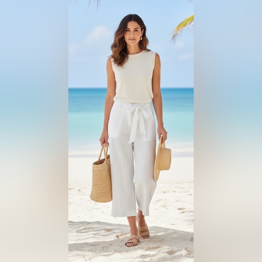 L.L.Bean NWT 100% Linen Wide Leg Cropped Pants White Pin Stripe Size 12